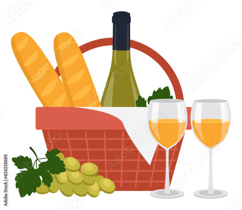 Bottle of white wine, wine in glasses, baguettes, grape and a picnic basket. Vector graphic.