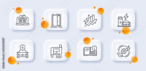 Open door, Engineering plan and Instruction info line icons pack. 3d glass buttons with blurred circles. Consumption growth, Realtor, Green energy web icon. Vector