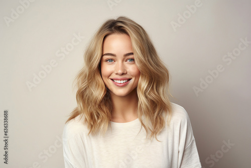 Generative AI portrait attractive young blonde hair girl smiling beauty concept isolated pastel color wall background