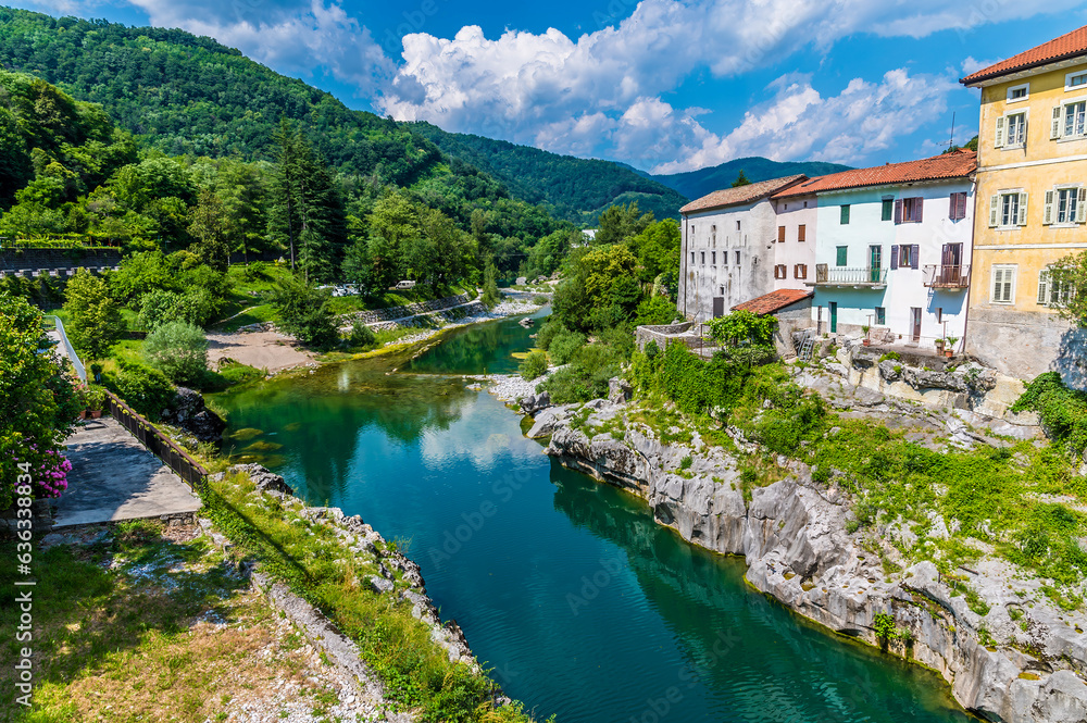 A view across the Soca river from the bridge at Kanal in Slovenia in summertime
