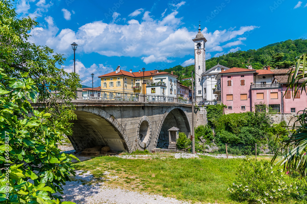 A view along the side of the bridge over the Soca river at Kanal in Slovenia in summertime