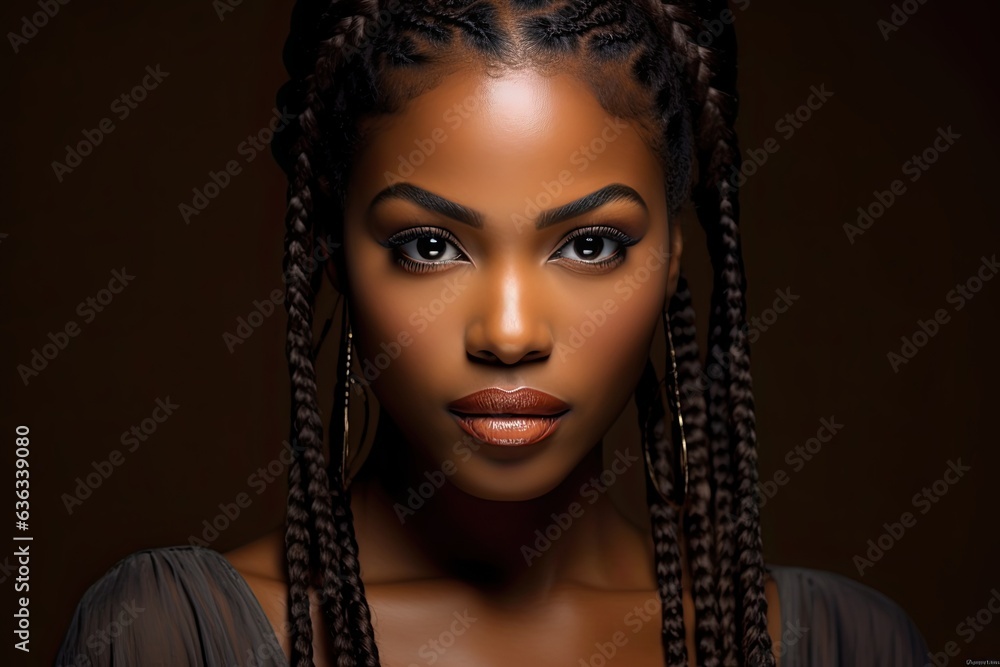 Beautiful Black Woman with Braided Hair and Smokey Eyes Looking Seductively During Evening Event: Generative AI Beautiful Black Woman with Braided Hair and Smokey Eyes Looking Seductively During Evening Event: Generative AI
