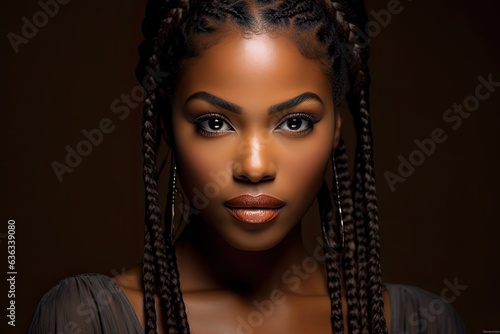 Beautiful Black Woman with Braided Hair and Smokey Eyes Looking Seductively During Evening Event: Generative AI