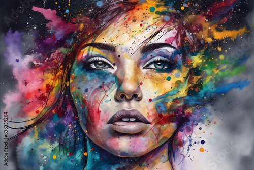 woman beauty colourful design illustration watercolor lip style art portrait face. Generative AI.