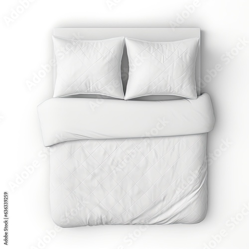 Blank White Bedsheet Mockup on Mattress with Pillows and Duvet. Top View Isolated 3D Rendering of Hotel Bed Set Up for Sleep Template