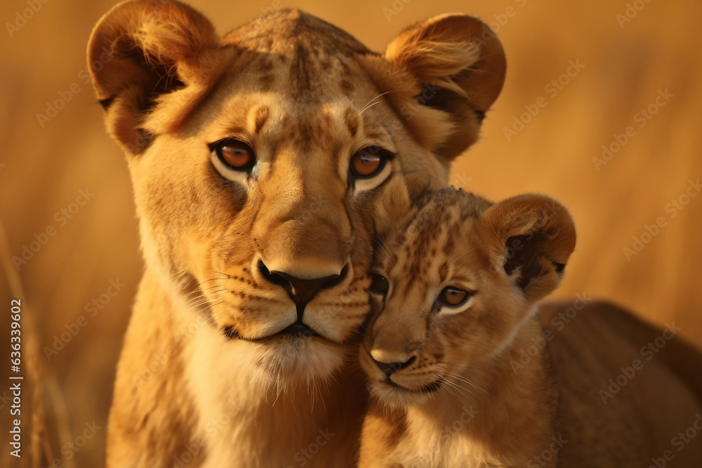 Lioness and lion cub hanging out at savanna grassland in the morning, lovely lion family close up, protecting wildlife concept. Lioness and lion cub hanging out at savanna grassland in the morning, lovely lion family close up, protecting wildlife concept.