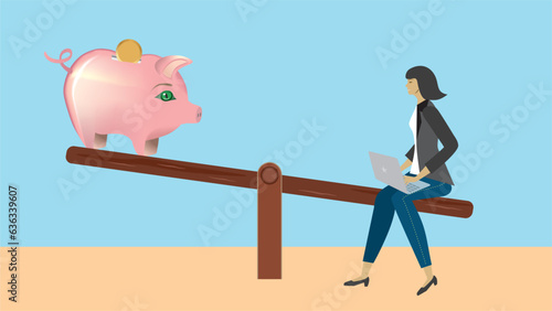 Woman on teeter board with piggy bank. Balance in economy, woman sitting with laptop and making a plan. Dimension 16:9. Vector illustration.