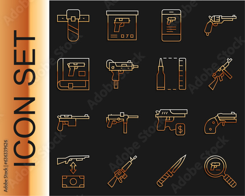 Set line Pistol or gun search, Small revolver, Tommy, Shop weapon in mobile app, UZI submachine, Book with pistol, Knife holster and Bullet icon. Vector