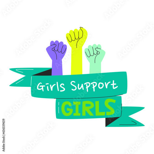Girls support girls with fists up. Handwritten lettering design with hands and ribbon. World campaign slogan of female solidarity. Feminist conceptual graphic hand drawn flat vector illustration