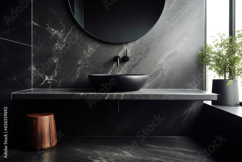 Black bathroom interior design, countertop washbasin and faucet on black marble counter, round mirror and wooden stool in modern luxury minimal washroom.