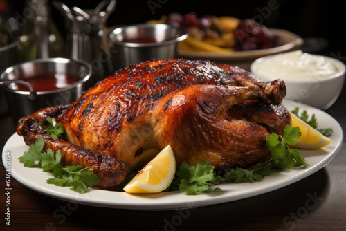  smoked turkey on a white plate with cranberry sauce 