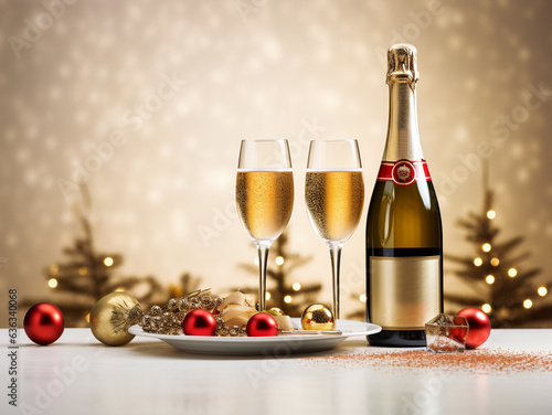 Christmas table with beautiful dishes, new Year decorations, champagne in glasses and in a bottle