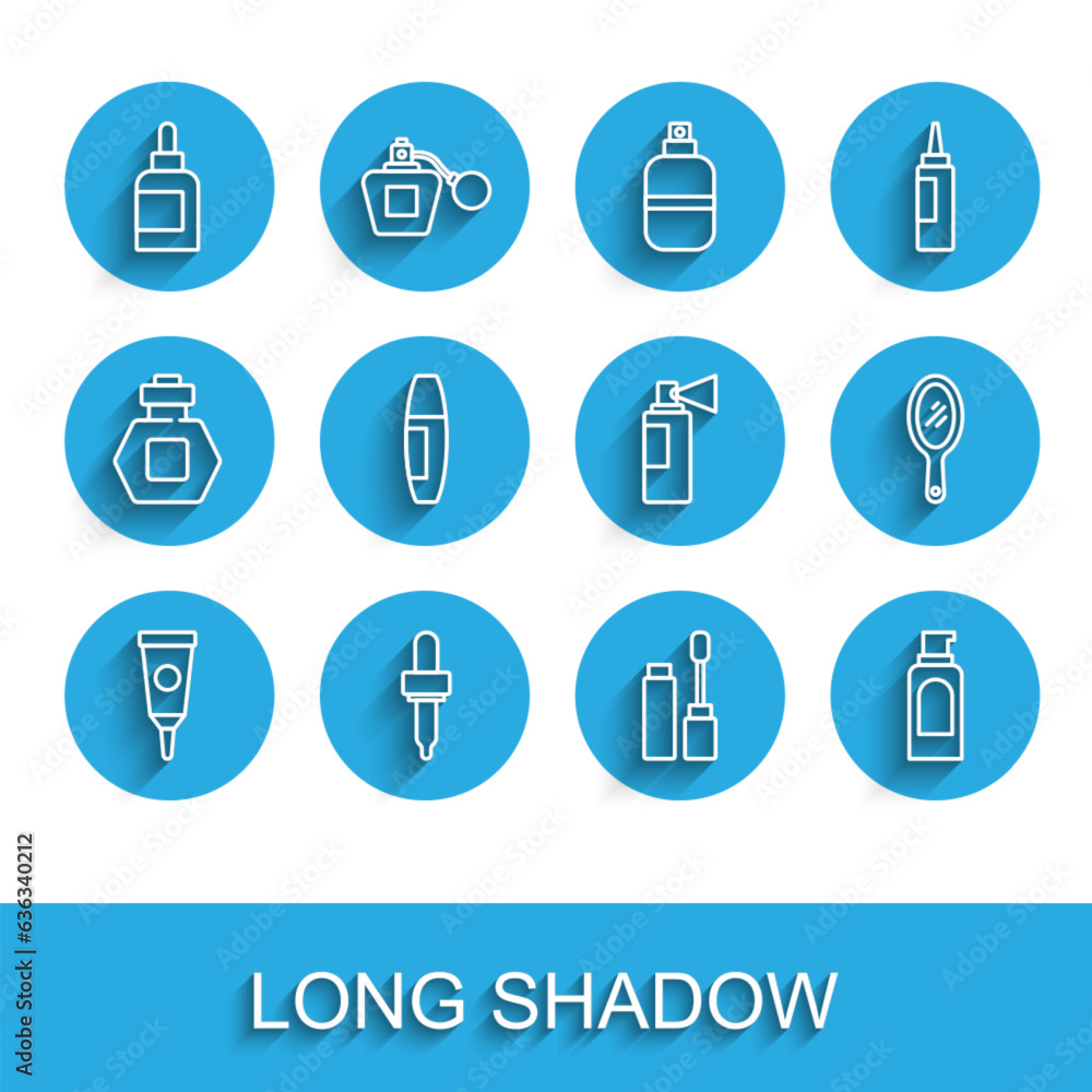 Set line Cream or lotion cosmetic tube, Pipette, Mascara brush, Spray can for hairspray, Hand mirror and Perfume icon. Vector Set line Cream or lotion cosmetic tube, Pipette, Mascara brush, Spray can for hairspray, Hand mirror and Perfume icon. Vector