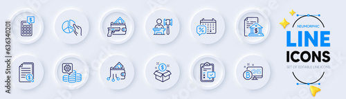 Bank document, Discounts calendar and Checklist line icons for web app. Pack of Bitcoin system, Pie chart, Post package pictogram icons. Financial documents, Armed robbery, Auction signs. Vector