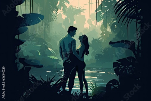 romantic couple in jungle landscape illustration