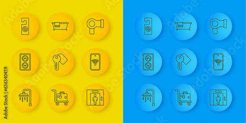 Set line Shower, Lift, Hotel door lock key, Mobile with wi-fi wireless, Please not disturb, Hair dryer and Bathtub icon. Vector