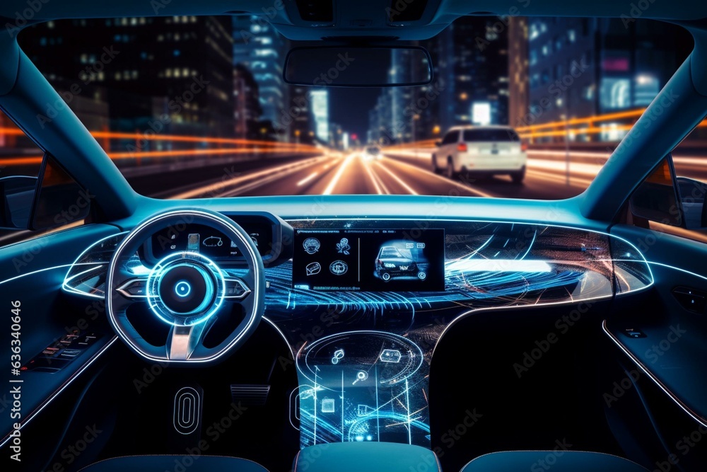 A modern car and a digital interface connected to intelligent cars, forming an internet of things with a heads-up display. Generative AI