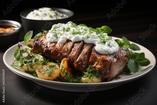  roasted lamb on a white plate with mint sauce 
