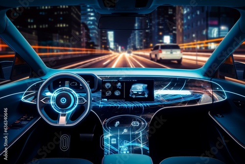A modern car and a digital interface connected to intelligent cars, forming an internet of things with a heads-up display. Generative AI © Mark