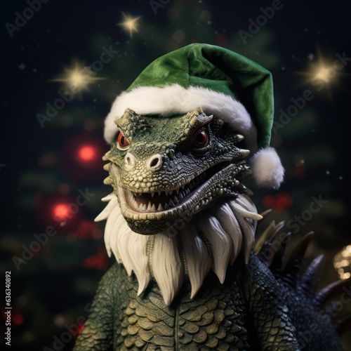 Green dragon in a red Santa Claus hat. Mythical fantasy animal. Symbol of the new year 2024.