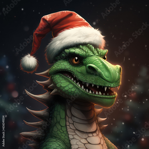 Green dragon in a red Santa Claus hat. Mythical fantasy animal. Symbol of the new year 2024. © solidmaks