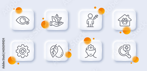 Medical analyzes, Medicine and Mineral oil line icons pack. 3d glass buttons with blurred circles. Farsightedness, People vaccination, Brain working web icon. Vector