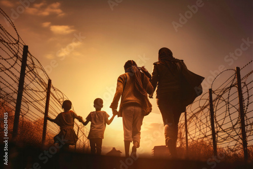 Fototapeta refugees in front of barbed wire border