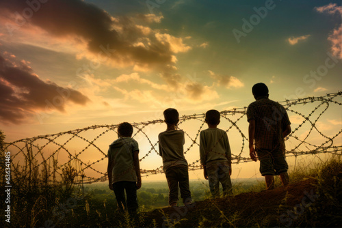 refugees kids in front of barbed wire border