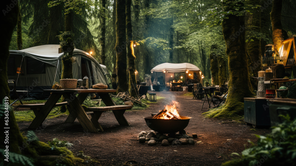campground with cozy campfire in the campsite in the forest, outdoor recreation concept generative ai