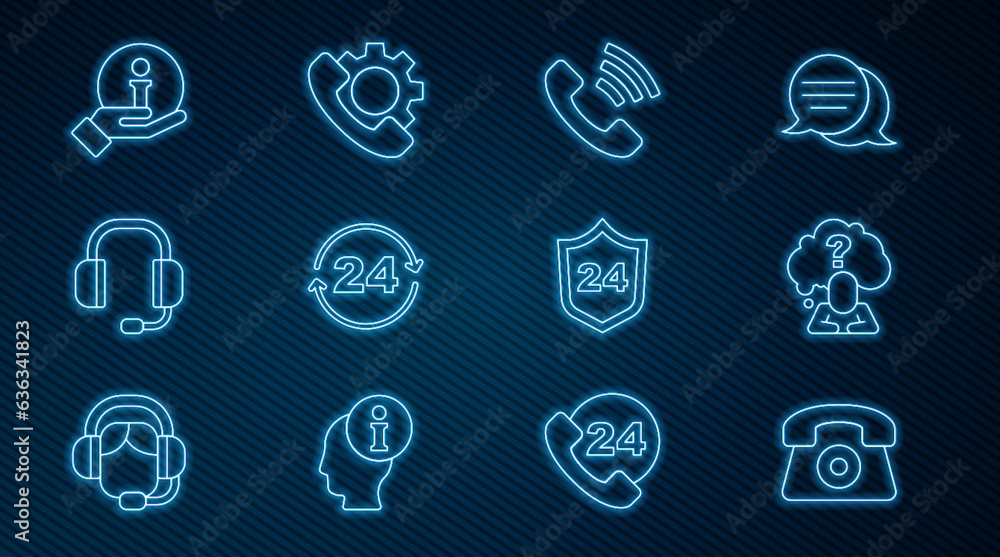 Set line Telephone 24 hours support, Head with question mark, Headphones, Information, and icon. Vector Set line Telephone 24 hours support, Head with question mark, Headphones, Information, and icon. Vector