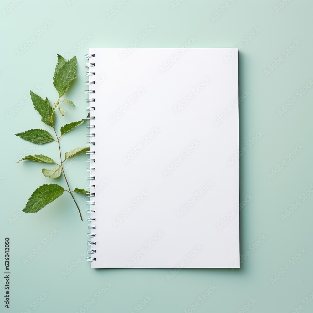 Blank White New Paper Block Notes. Notebook, notepad mockup, Leaves. With Medium Size Green Leaf To The Left. White mockup. Sense of cleanliness and order. Light blue background. Blank White New Paper Block Notes. Notebook, notepad mockup, Leaves. With Medium Size Green Leaf To The Left. White mockup. Sense of cleanliness and order. Light blue background.