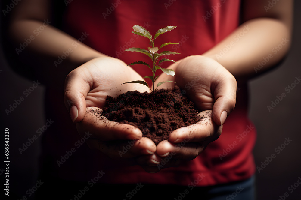 Nurturing Growth: Planting Concept Stock Photo of Female Hand Holding Small Seedling in Dark Red green Rustic Style