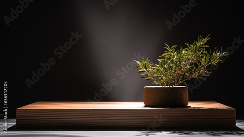 Wooden square podium in sunlight with plant dark light background