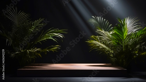 Elegant abstract wooden podium in sunlight with plants dark background