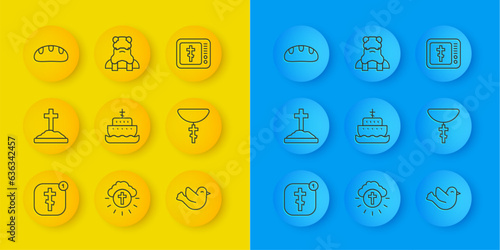 Set line Online church pastor preaching, Grave with cross, Ark of noah, Dove, Christian on chain, Bread loaf, and Priest icon. Vector