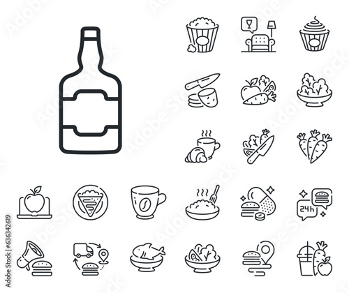 Scotch alcohol sign. Crepe, sweet popcorn and salad outline icons. Whiskey bottle line icon. Whiskey bottle line sign. Pasta spaghetti, fresh juice icon. Supply chain. Vector © blankstock