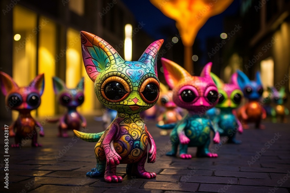 Colorful alebrijes animals wandering in a city at night. Generative AI