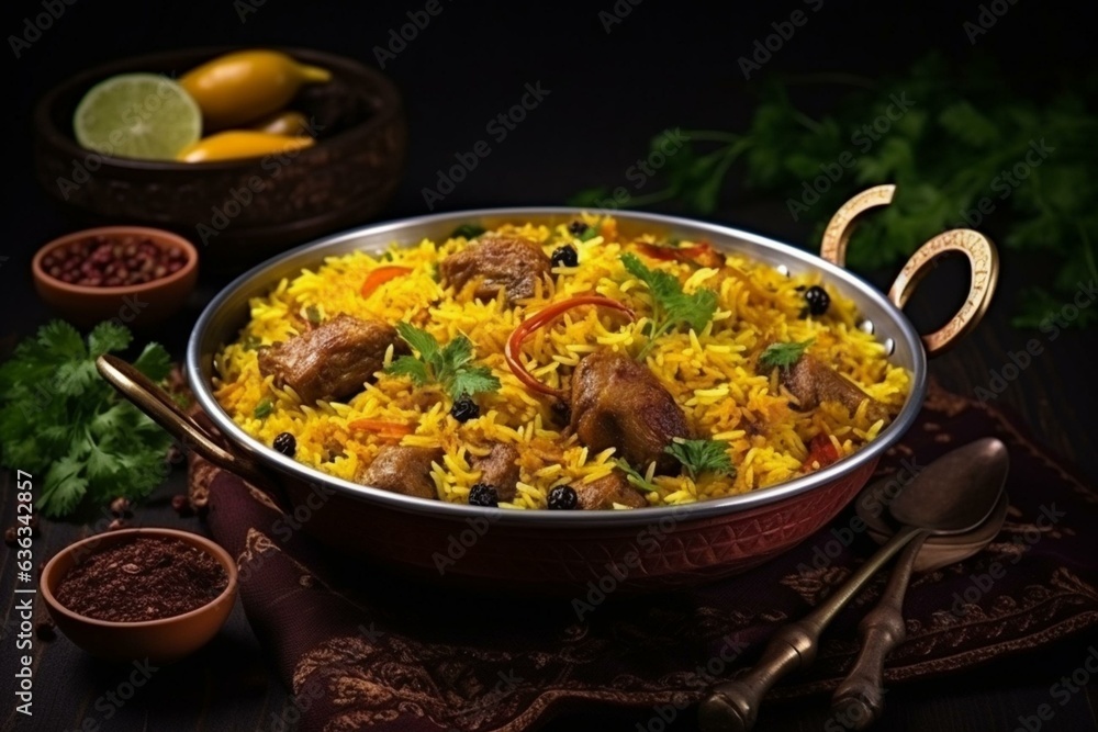 Flavorful biryani with meat curry, served in a golden bowl for Ramadan and Eid. Generative AI