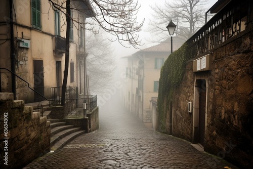 An eerie fog blankets a quaint medieval street in Bergamo's Citta Alta, Lombardia. Generative AI