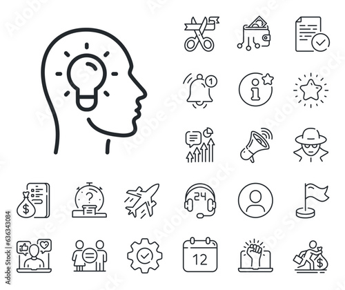 Lightbulb sign. Salaryman, gender equality and alert bell outline icons. Idea head line icon. Core value symbol. Idea head line sign. Spy or profile placeholder icon. Online support, strike. Vector