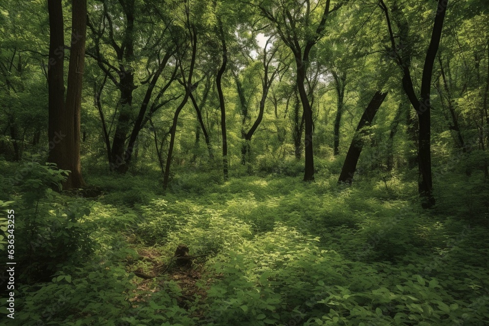 A dense forest with lush vegetation and tightly packed trees. Generative AI