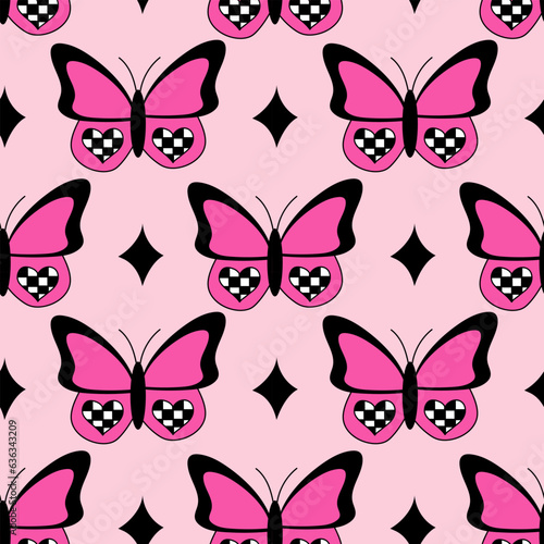 Emo seamless pattern with butterflies and chessboard hearts and stars. Y2k. Black and pink. Retro style of the 2000s. 