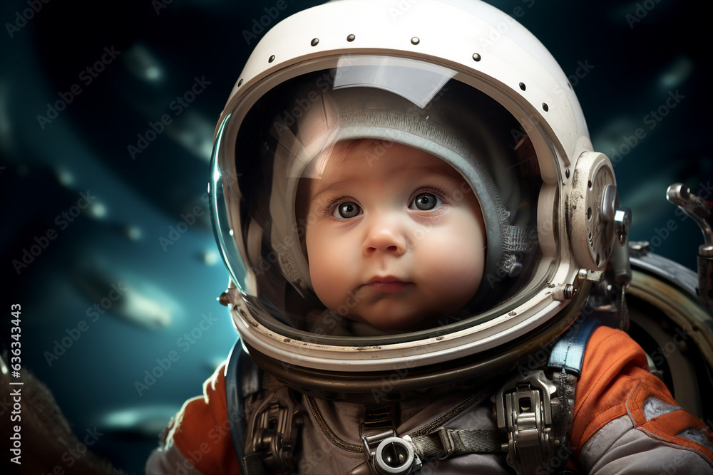 Generative ai collage image of cute baby future astronaut travel outer space in galactic gear Generative ai collage image of cute baby future astronaut travel outer space in galactic gear
