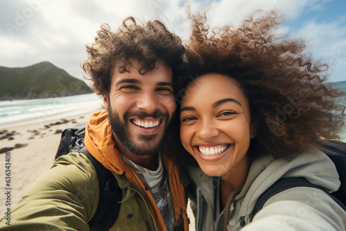 Generative AI self portrait of young excited couple traveling together making selfies blogging exploring exotic beach ocean sea