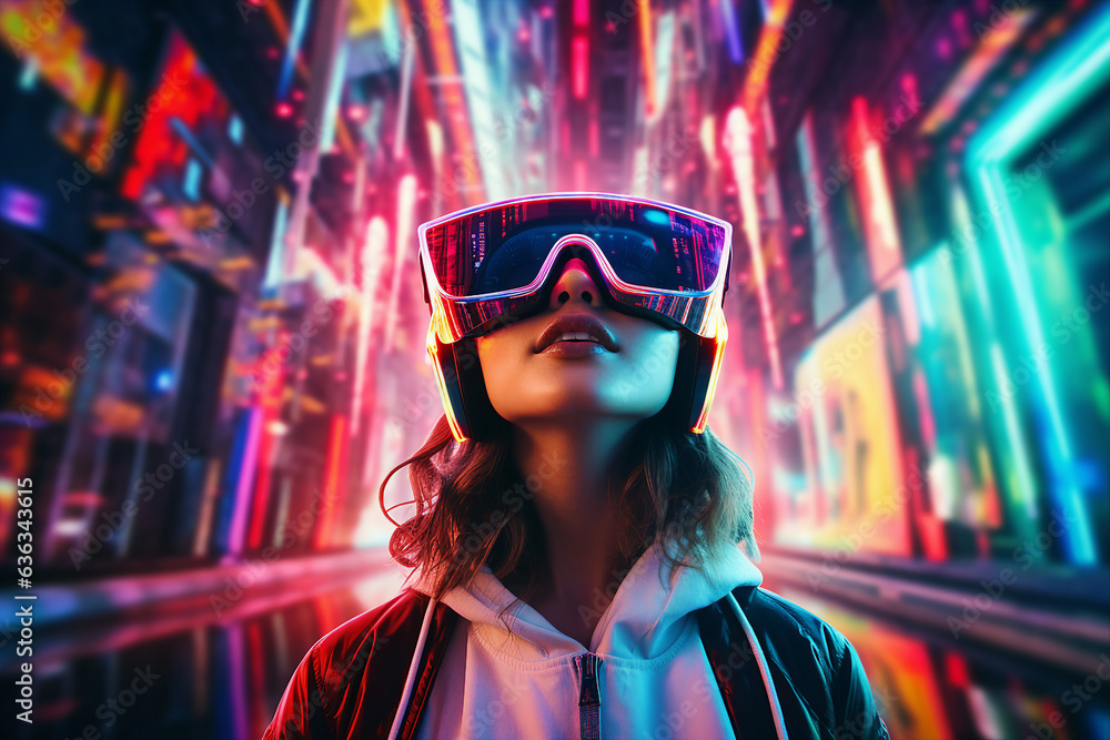 Generative ai collage photo of person using gadget for virtual reality Generative ai collage photo of person using gadget for virtual reality