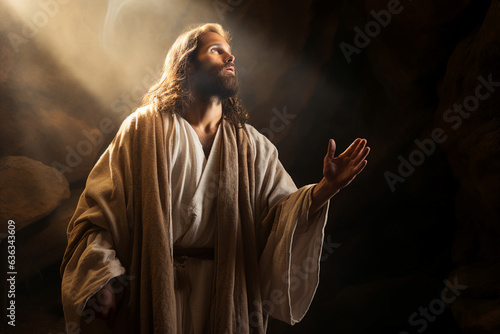 Image of Jesus Christ praying passionately in church under sun beam Generative AI