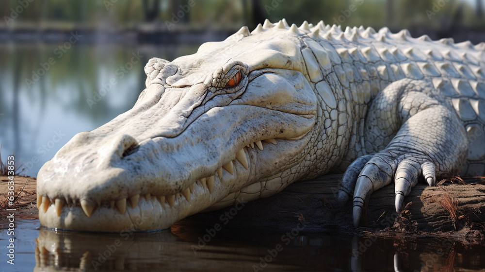 Obraz premium Albino Alligator: In this photo, an albino alligator sunbathes along the edge of a water body