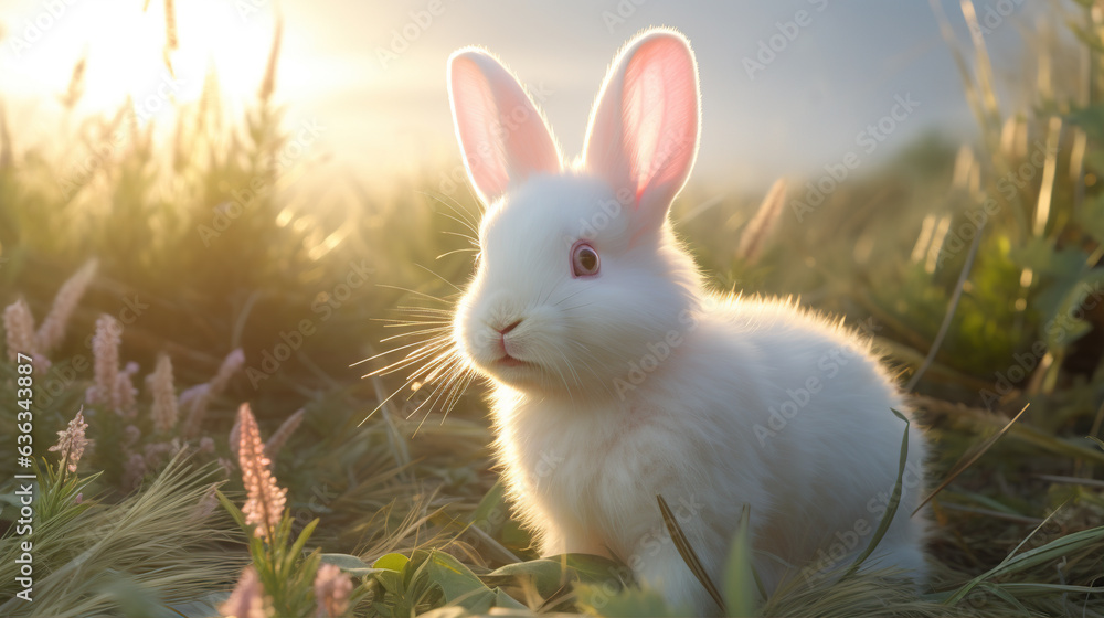 Albino Rabbit: In this image, an albino rabbit nibbles on grass, its pink eyes reflecting the surrounding natural light Albino Rabbit: In this image, an albino rabbit nibbles on grass, its pink eyes reflecting the surrounding natural light