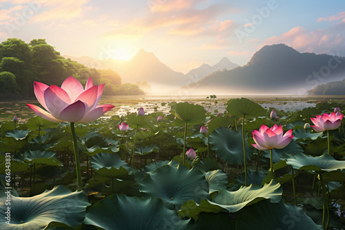 view of lotus flowers on the lake with traditional buildings photo