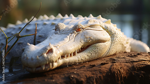Albino Alligator: In this photo, an albino alligator sunbathes along the edge of a water body